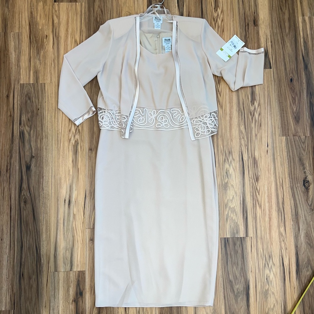 Formal  2 Piece Embroidered Jacket and Midi Dress - 14P - Light Taupe